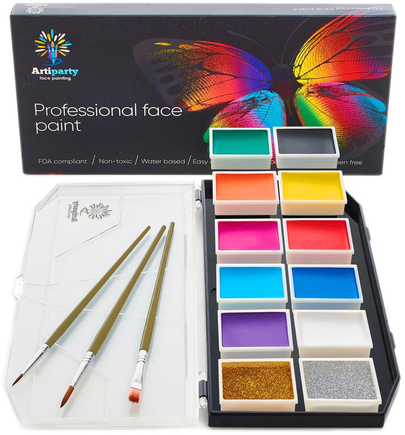 Artiparty Face Paint Kit â€“ Non-Toxic & Hypoallergenic â€“ Professional Face Painting Kit for Kids & Adults â€“ Cosplay Makeup Kit â€“ Easy to Apply & Remove â€“ Leakproof Dry Glitters - Image 1